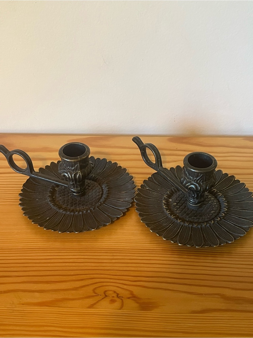 Vintage Solid Brass Sunflower Chamberstick Candle Holders Set of 2